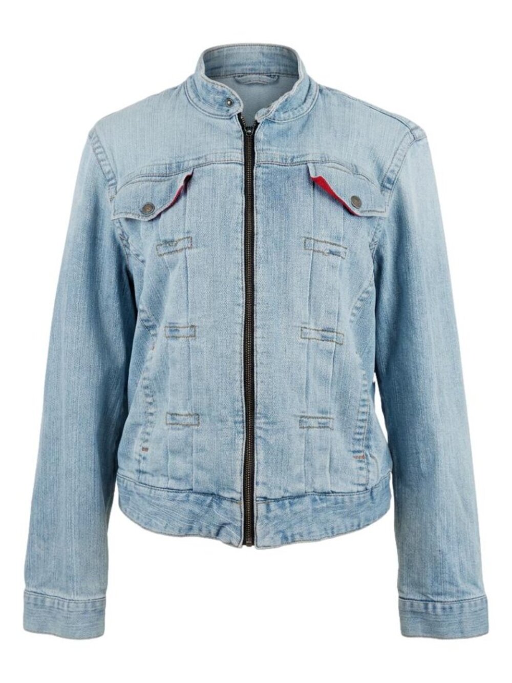 Vintage Tommy Hilfiger Y2K Light Wash Denim Moto Jacket Red Accent XL